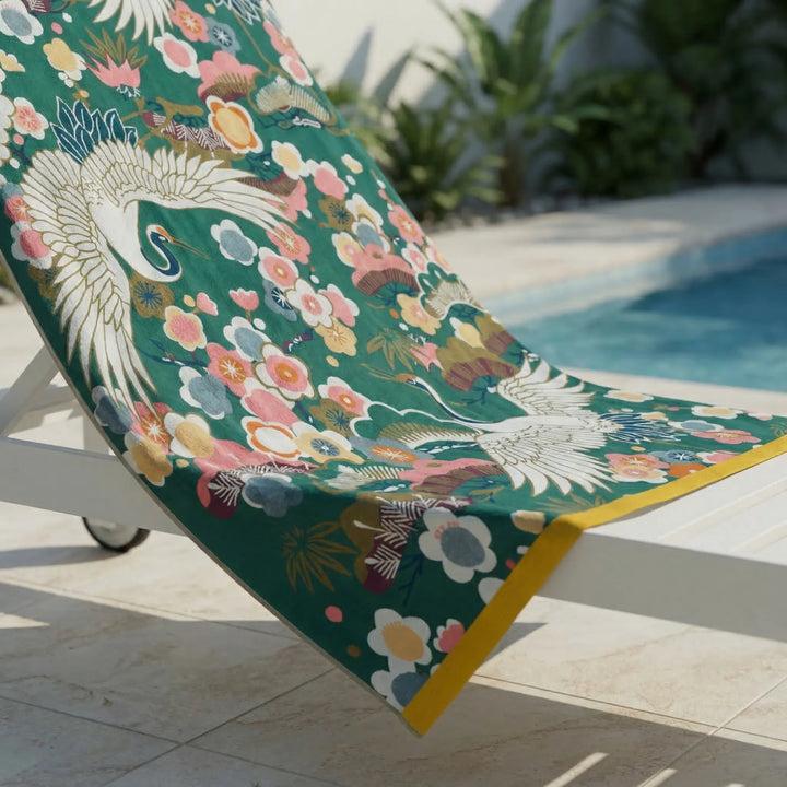 Large Printed Crane And Floral Towel - Cranvelo