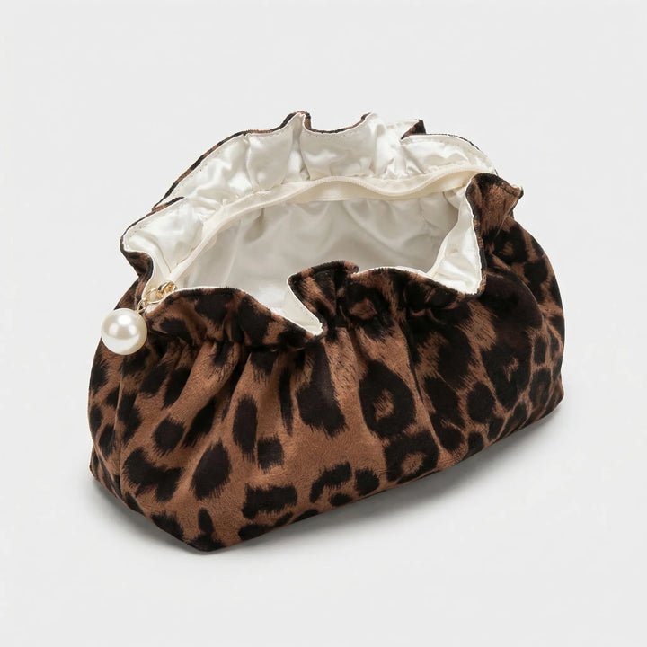 Leopard Print Ruffle Cosmetic Pouch - Velvetique