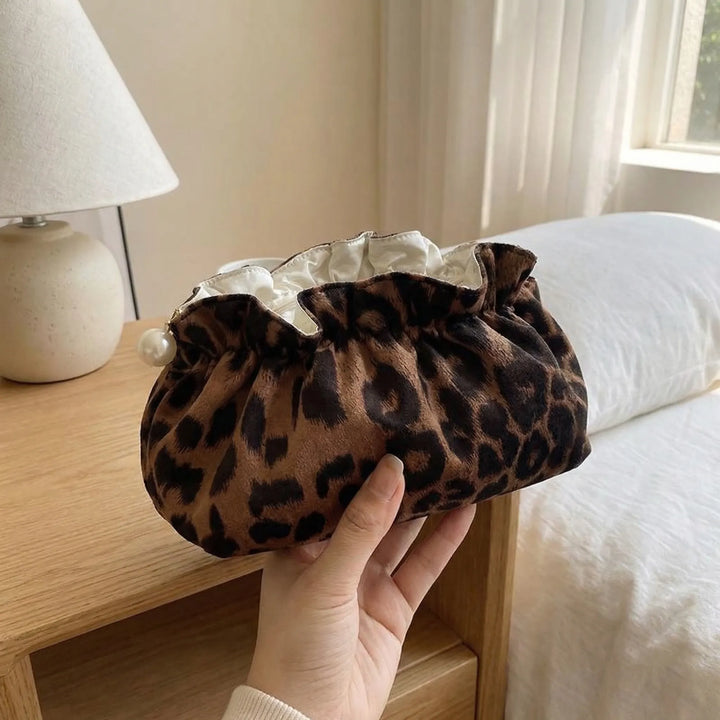Leopard Print Ruffle Cosmetic Pouch - Velvetique