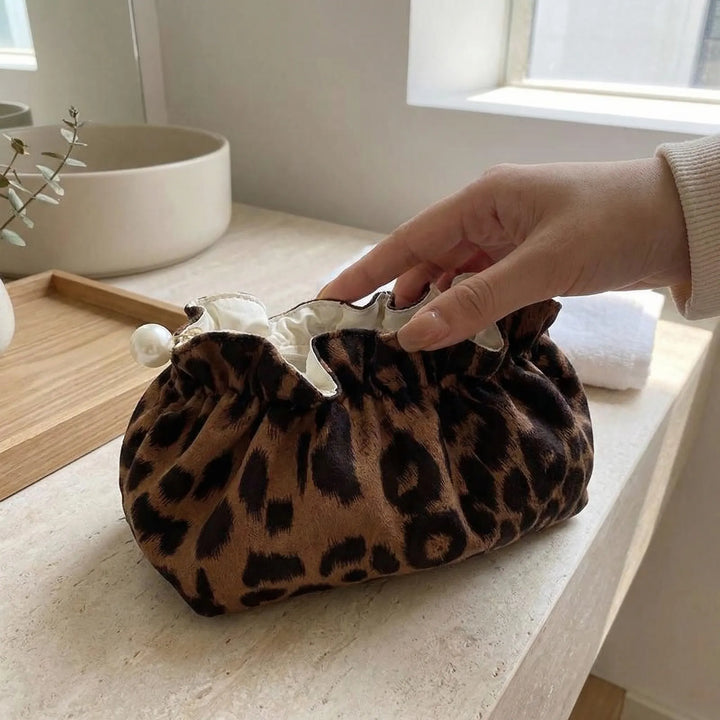 Leopard Print Ruffle Cosmetic Pouch - Velvetique