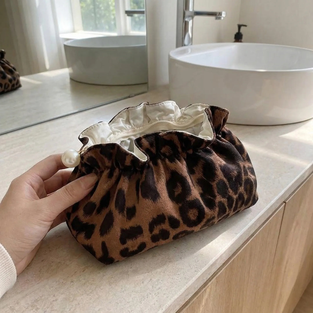 Leopard Print Ruffle Cosmetic Pouch - Velvetique