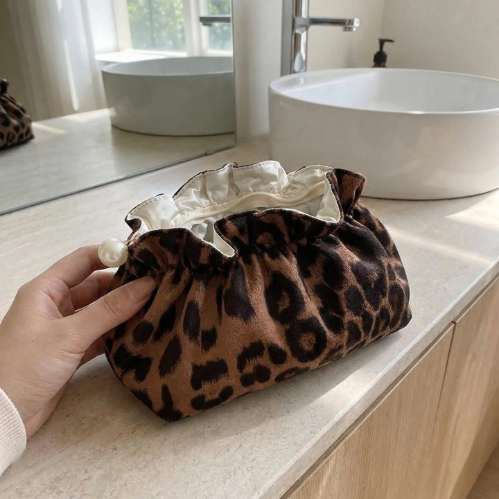 Leopard Print Ruffle Cosmetic Pouch - Velvetique