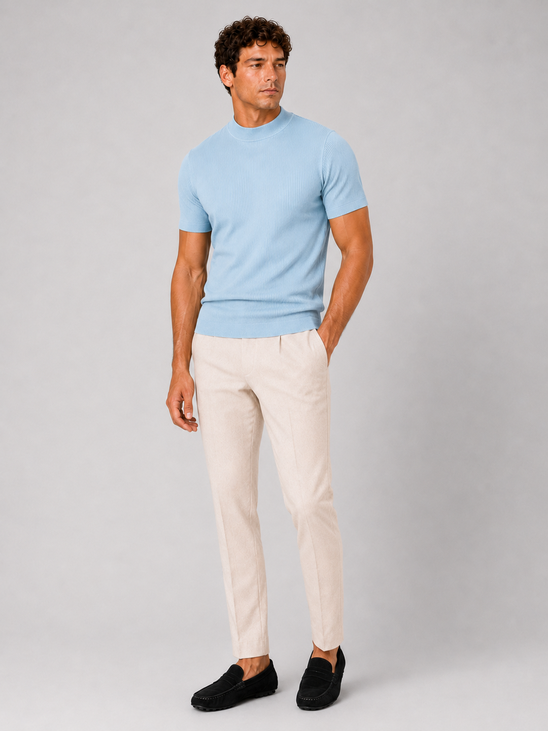 Men's Mock Neck Ribbed T-Shirt Fitted Stretch Short Sleeve Top 9
