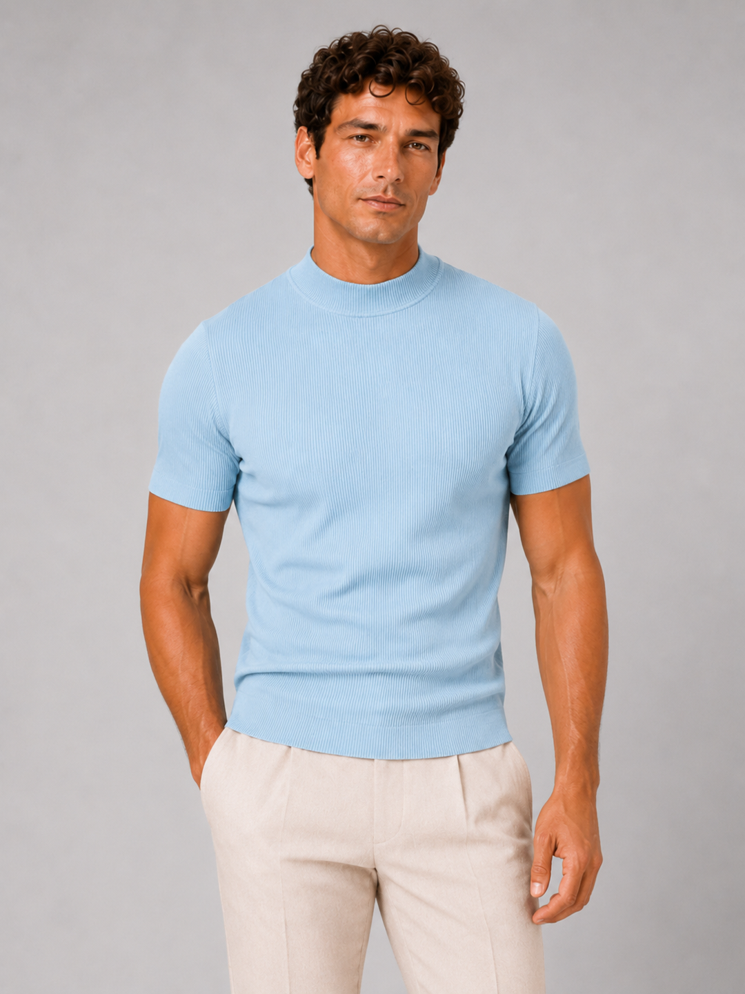 Men's Mock Neck Ribbed T-Shirt Fitted Stretch Short Sleeve Top 6