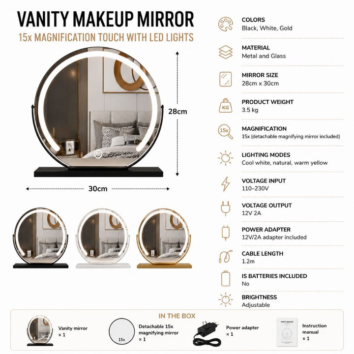 Lighted Makeup Mirror with 15x Magnifier and Touch Control, Metal and Glass 14