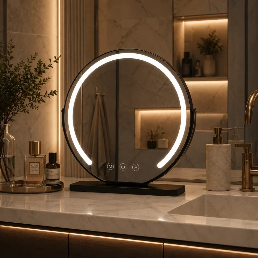 Lighted Makeup Mirror with 15x Magnifier and Touch Control, Metal and Glass 2