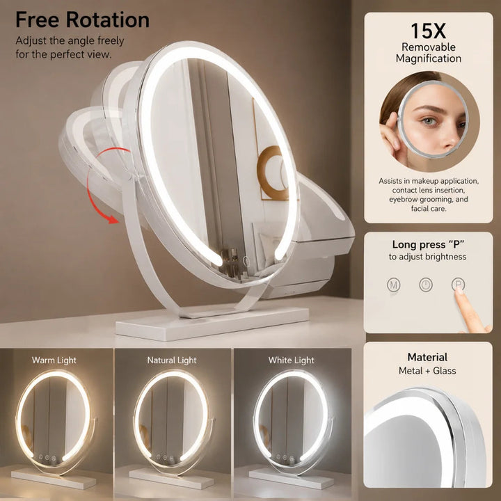 Lighted Makeup Mirror with 15x Magnifier and Touch Control, Metal and Glass 5