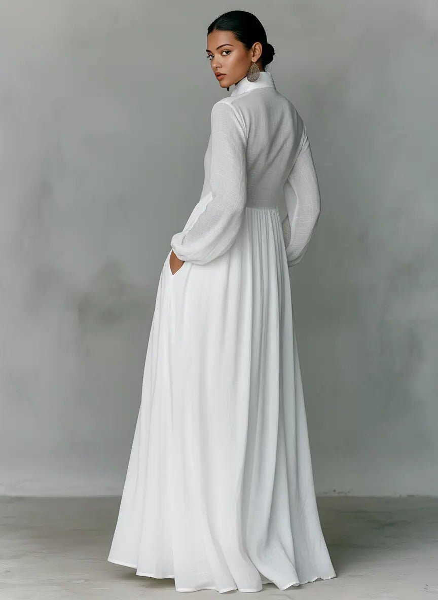 Linen Blend Maxi Shirt Dress with Stand Collar and Pockets 2