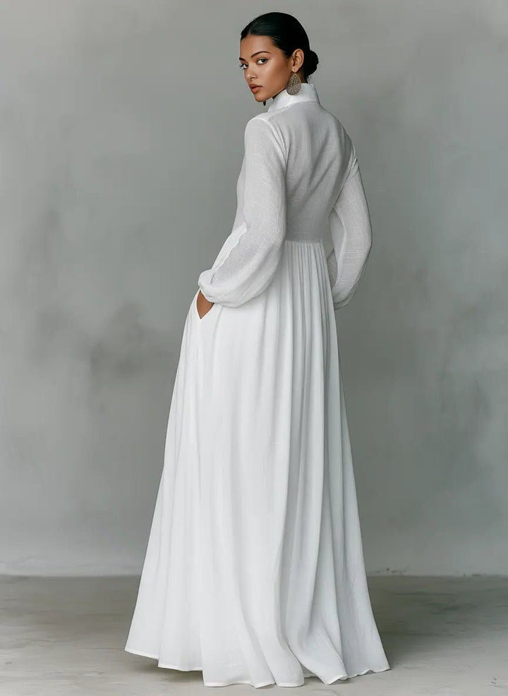 Linen Blend Maxi Shirt Dress with Stand Collar and Pockets 2