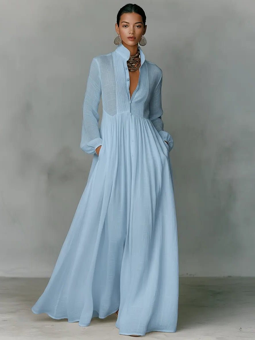 Linen Blend Maxi Shirt Dress with Stand Collar and Pockets 3