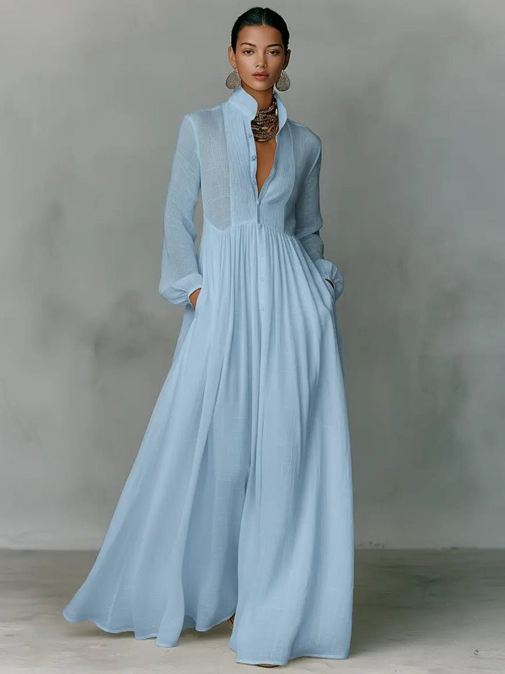Linen Blend Maxi Shirt Dress with Stand Collar and Pockets 3
