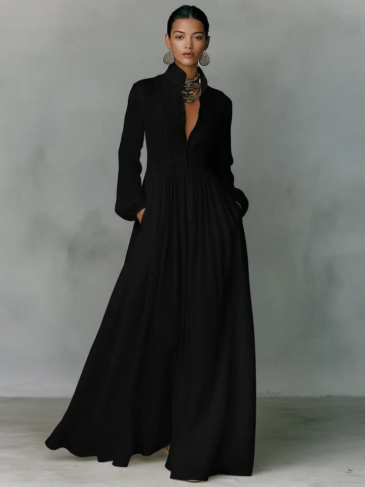 Linen Blend Maxi Shirt Dress with Stand Collar and Pockets 4