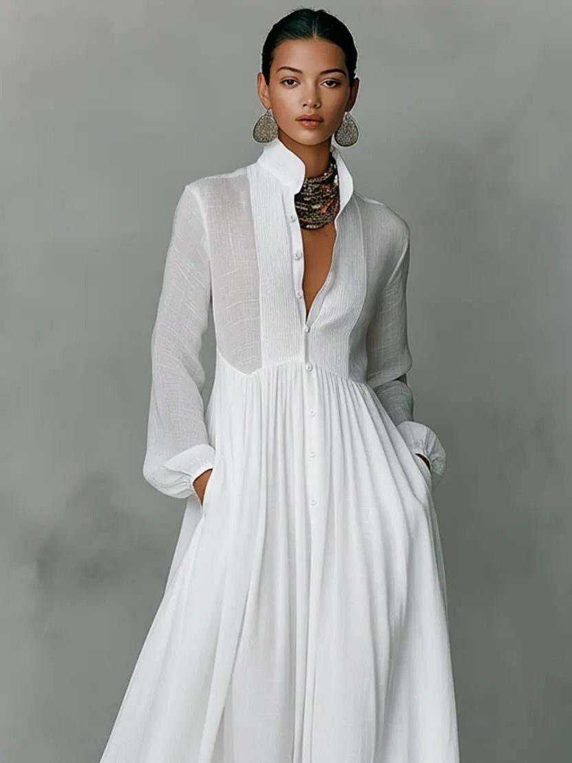Linen Blend Maxi Shirt Dress with Stand Collar and Pockets 5