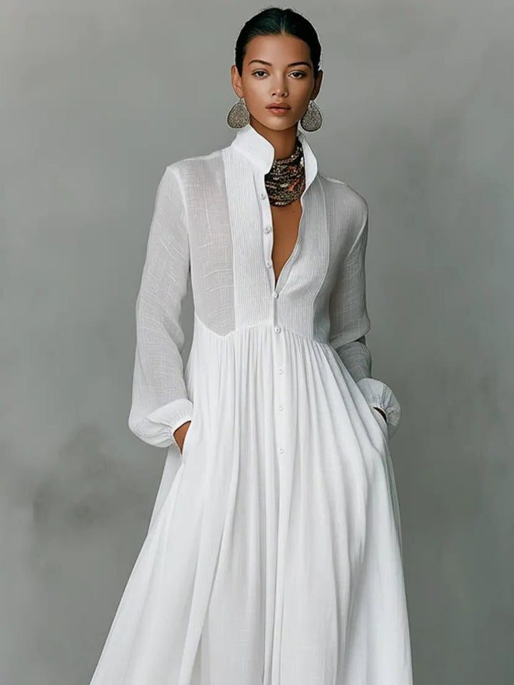 Linen Blend Maxi Shirt Dress with Stand Collar and Pockets 5