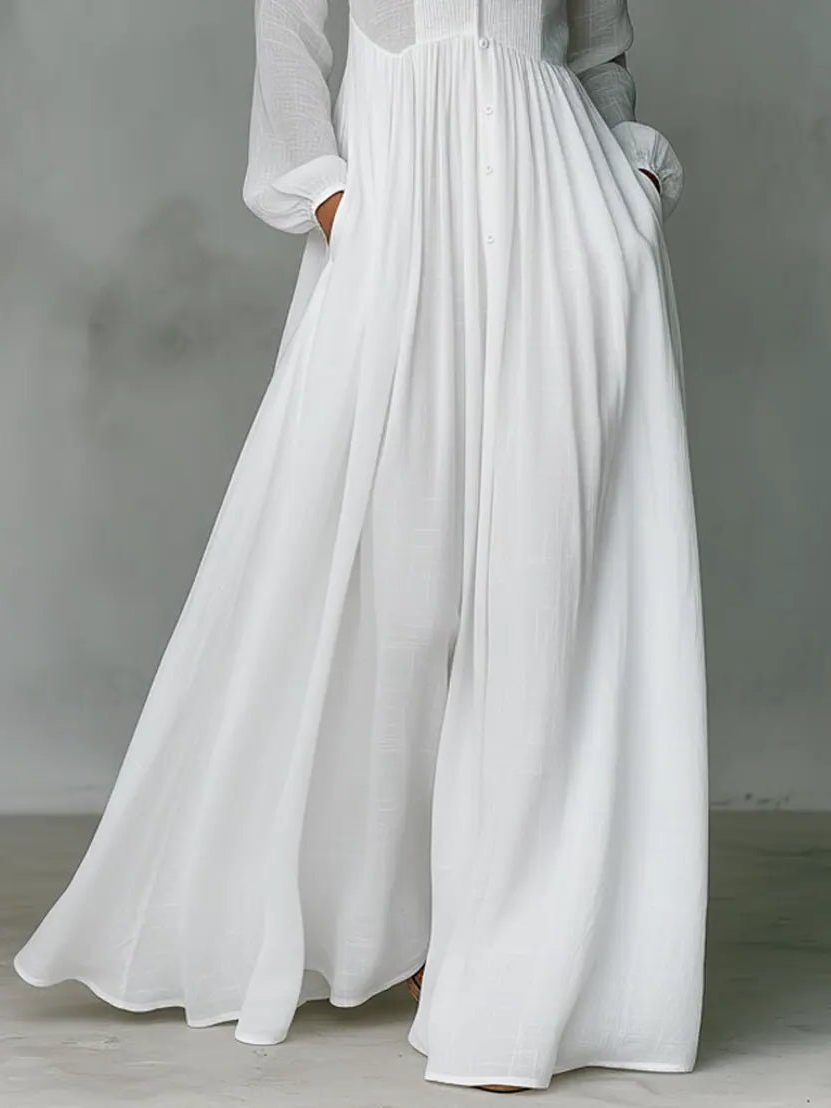 Linen Blend Maxi Shirt Dress with Stand Collar and Pockets 6