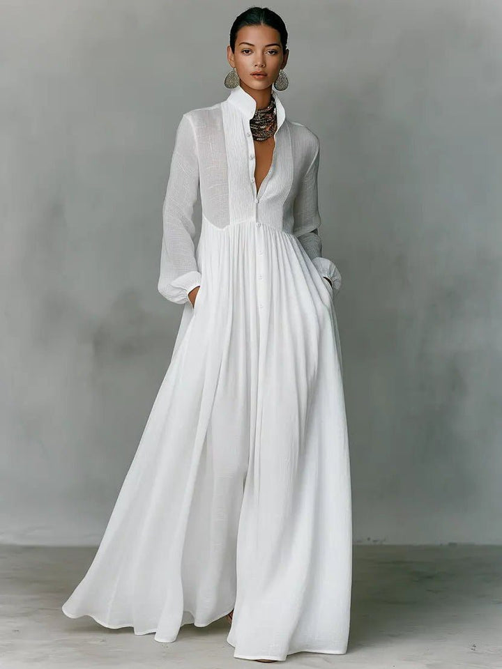 Linen Blend Maxi Shirt Dress with Stand Collar and Pockets 7
