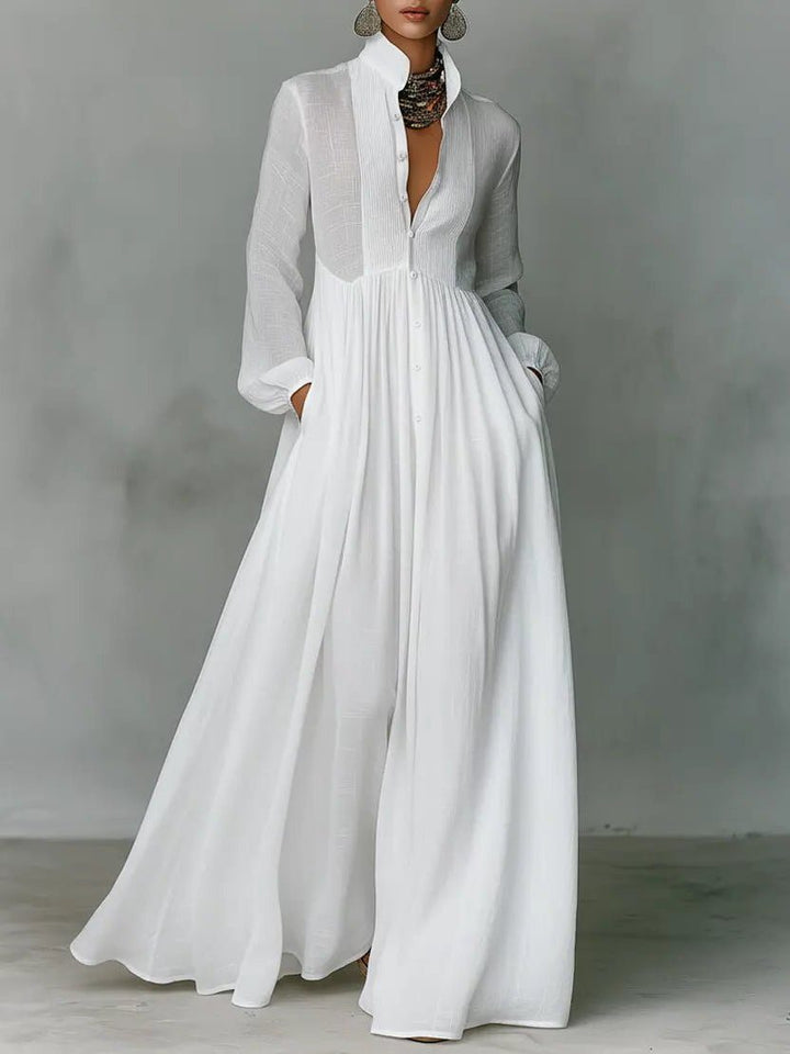 Linen Blend Maxi Shirt Dress with Stand Collar and Pockets 1