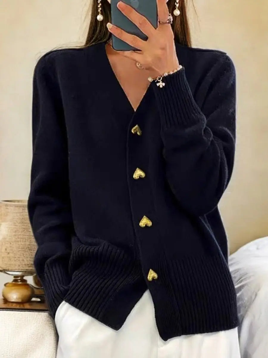 Longline Cardigan with V-Neck and Heart-Shaped Buttons 1