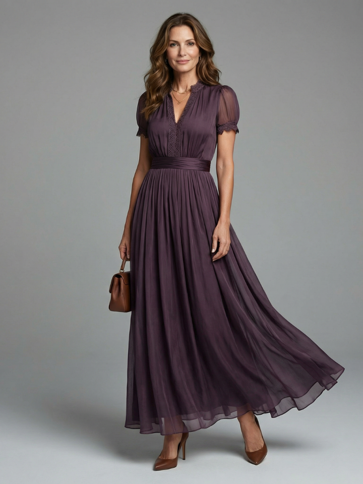 Women's Pleated Waist Maxi Dress with Sheer Sleeves 1