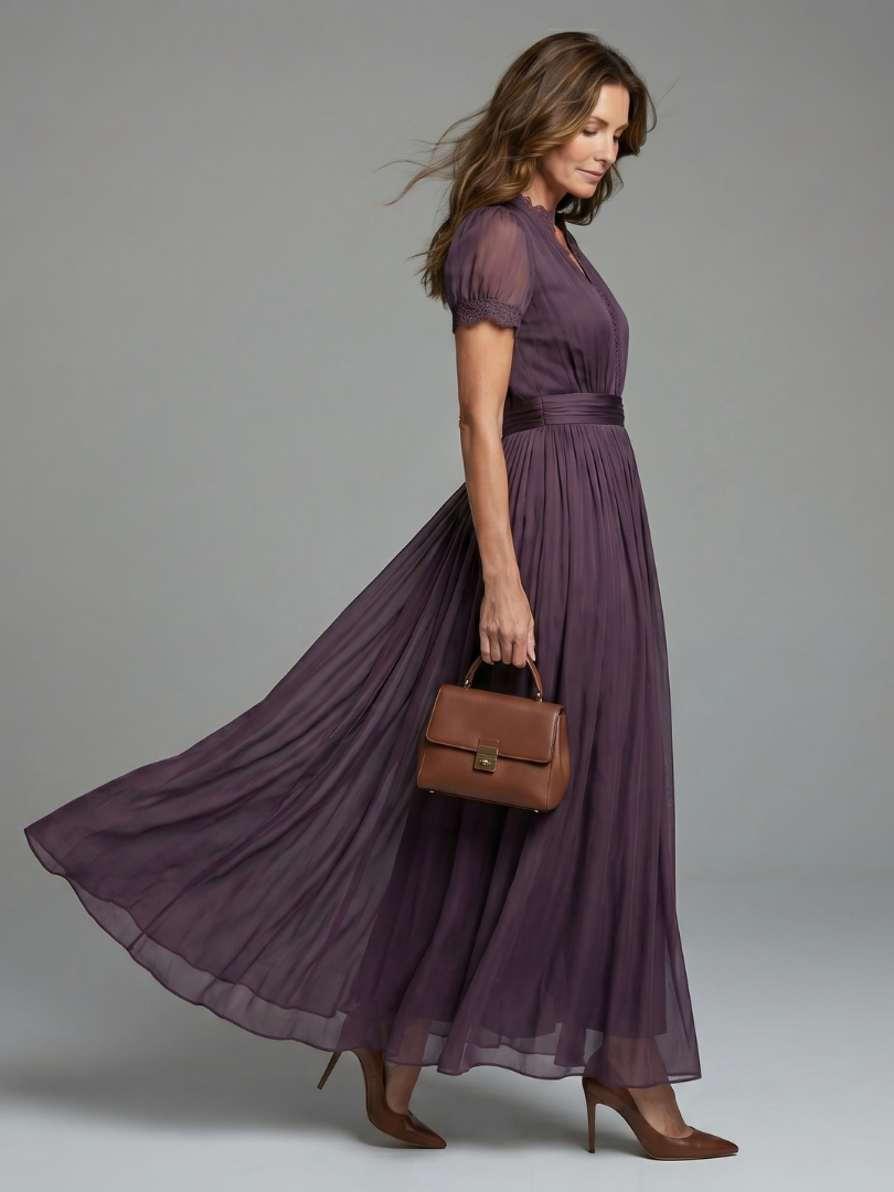 Women's Pleated Waist Maxi Dress with Sheer Sleeves 2