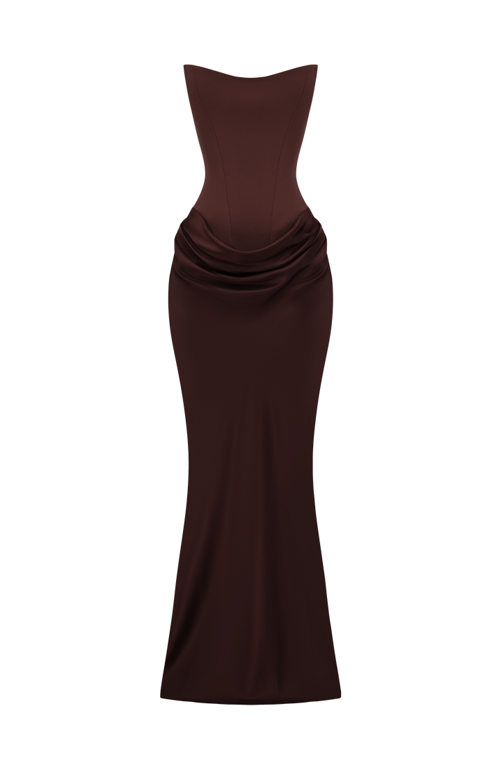 Strapless Corset Maxi Dress with Satin Cowl Skirt 10