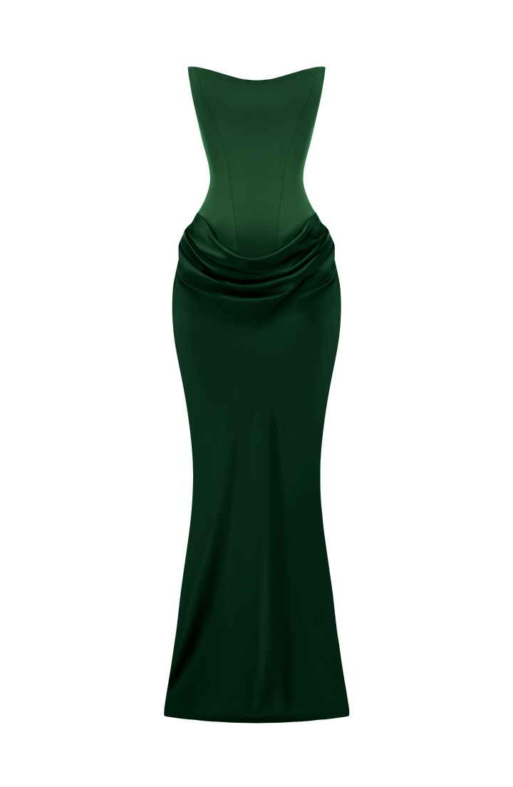 Strapless Corset Maxi Dress with Satin Cowl Skirt 36