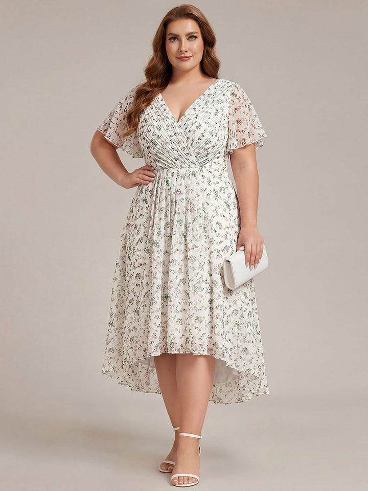 Chiffon High-Low Wedding Guest Dress with V-Neck and Short Sleeves 171