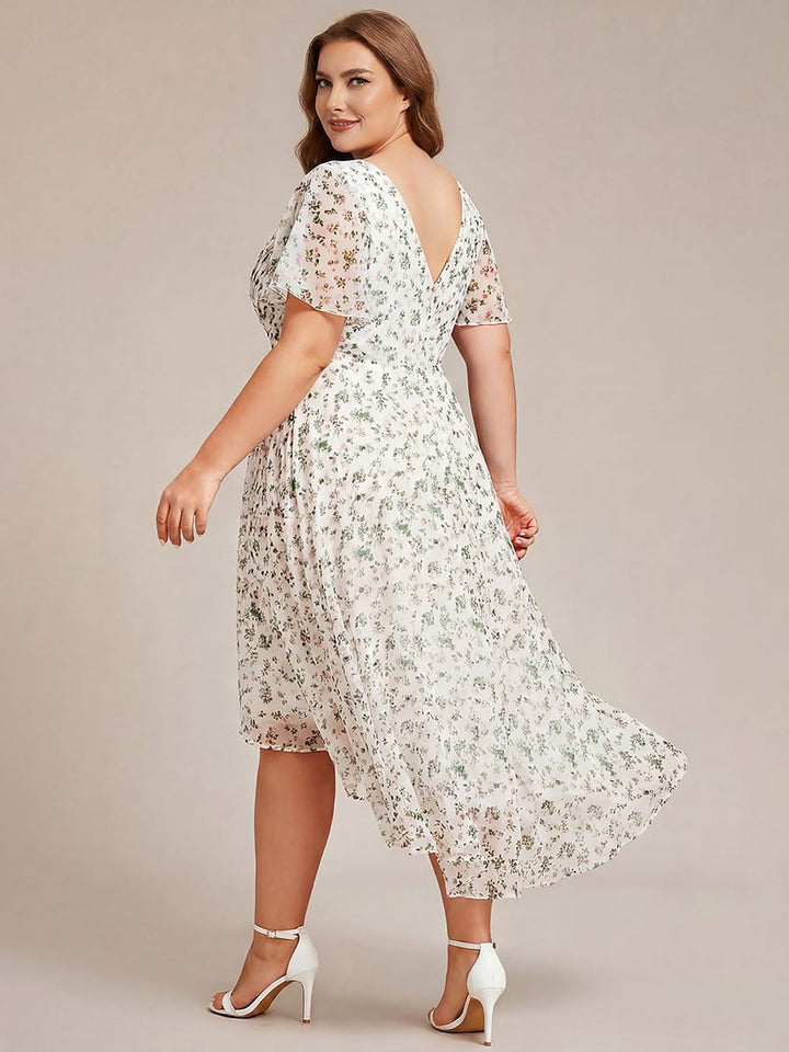 Chiffon High-Low Wedding Guest Dress with V-Neck and Short Sleeves 172