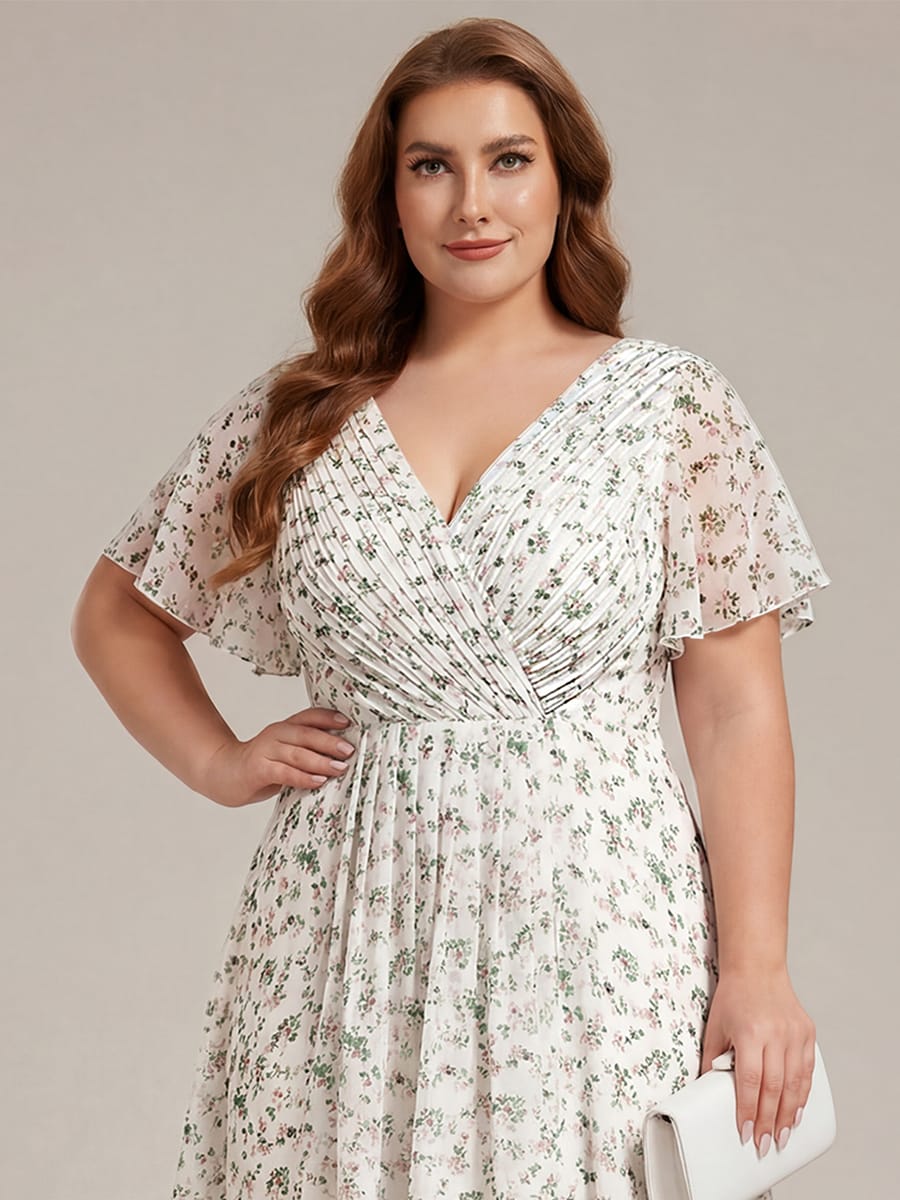 Chiffon High-Low Wedding Guest Dress with V-Neck and Short Sleeves 173