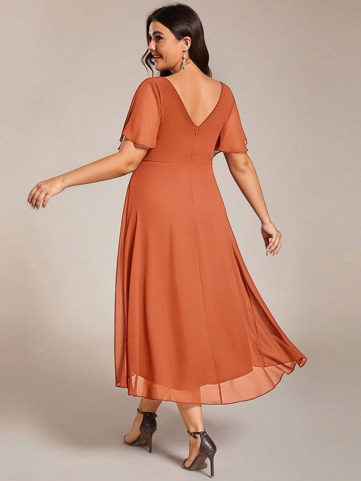 Chiffon High-Low Wedding Guest Dress with V-Neck and Short Sleeves 166