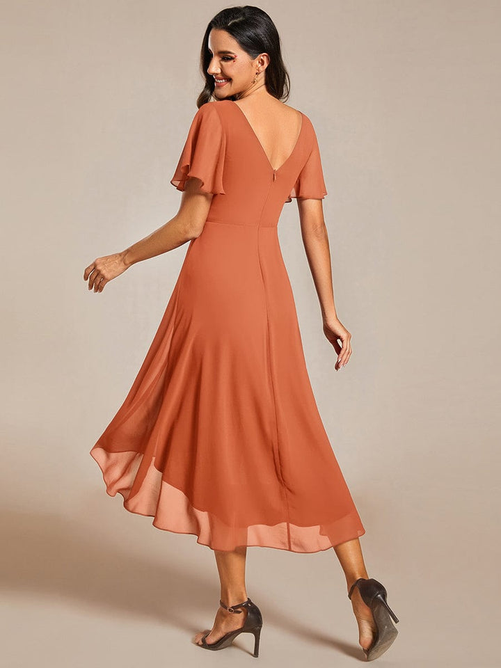 Chiffon High-Low Wedding Guest Dress with V-Neck and Short Sleeves 163