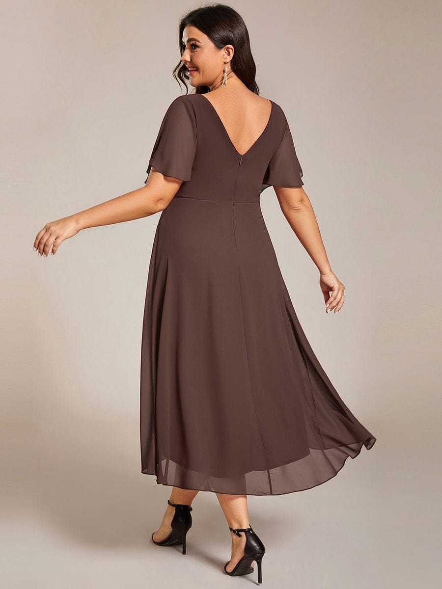 Chiffon High-Low Wedding Guest Dress with V-Neck and Short Sleeves 160