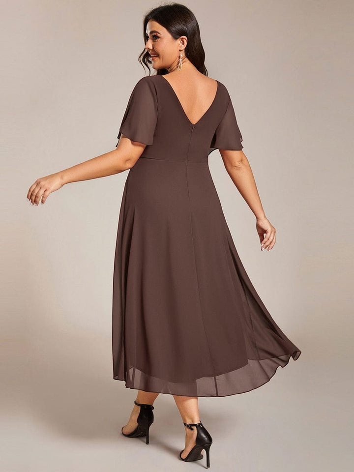 Chiffon High-Low Wedding Guest Dress with V-Neck and Short Sleeves 160