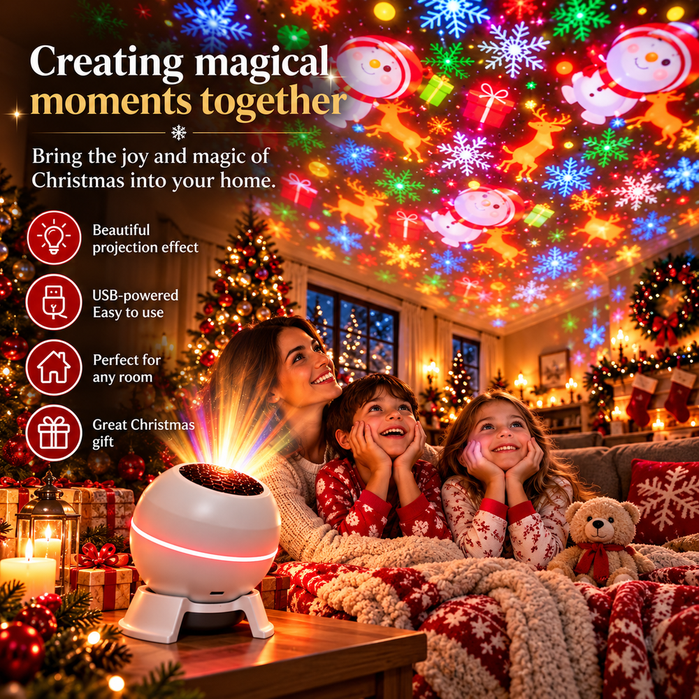 Christmas Light Projector with Moving Holiday Motifs, USB Powered, Compact 2
