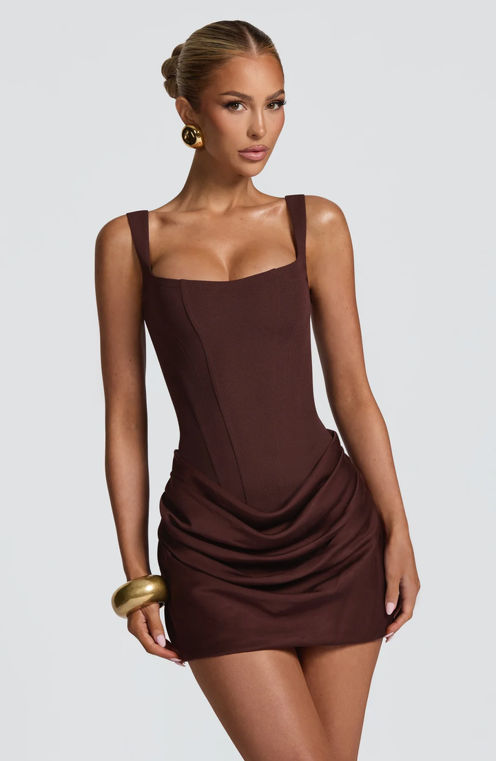 Mini Dress with Structured Bodice and Draped Skirt 11
