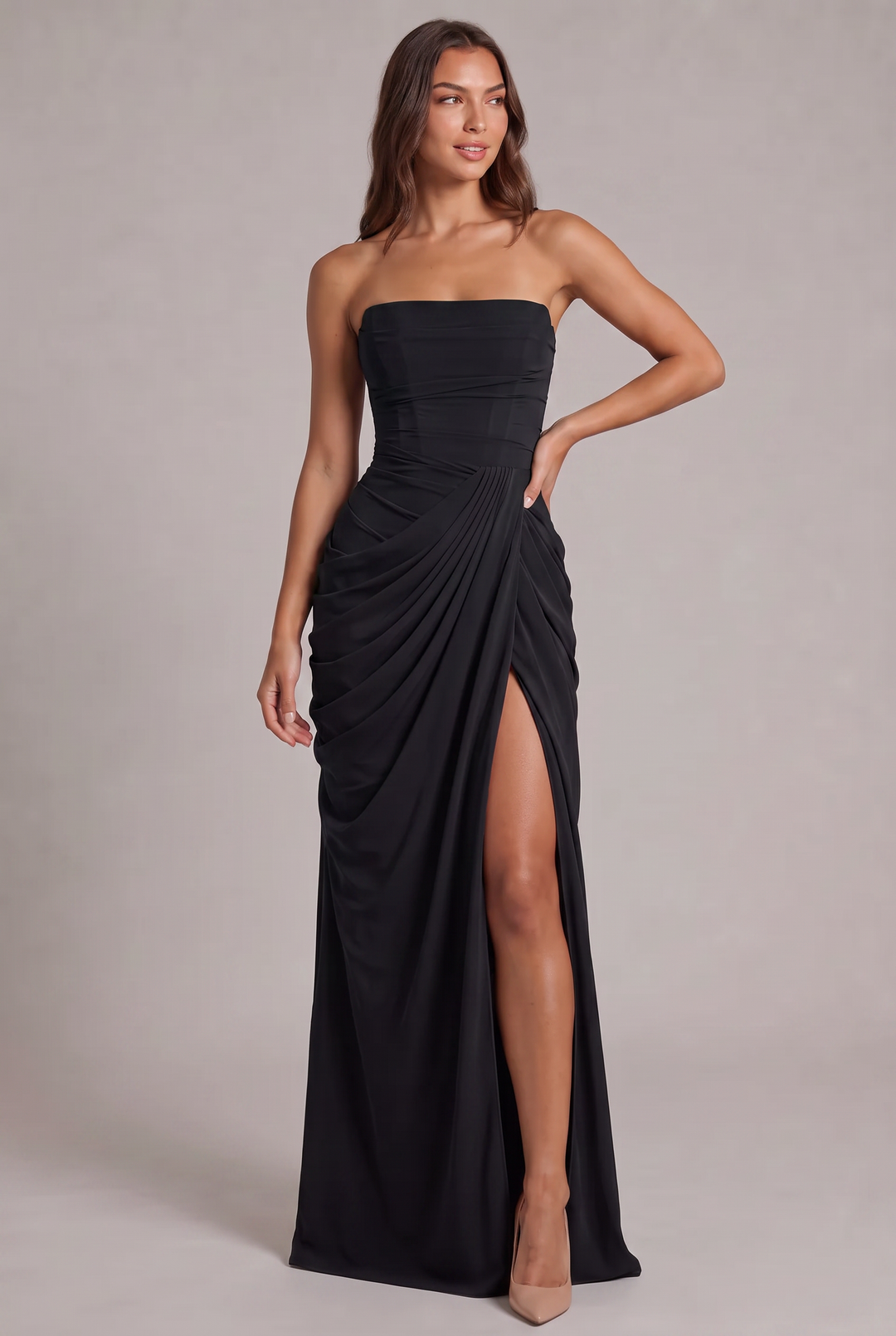 Chiffon Strapless Maxi Dress with Corset Bodice and High Leg Slit 25