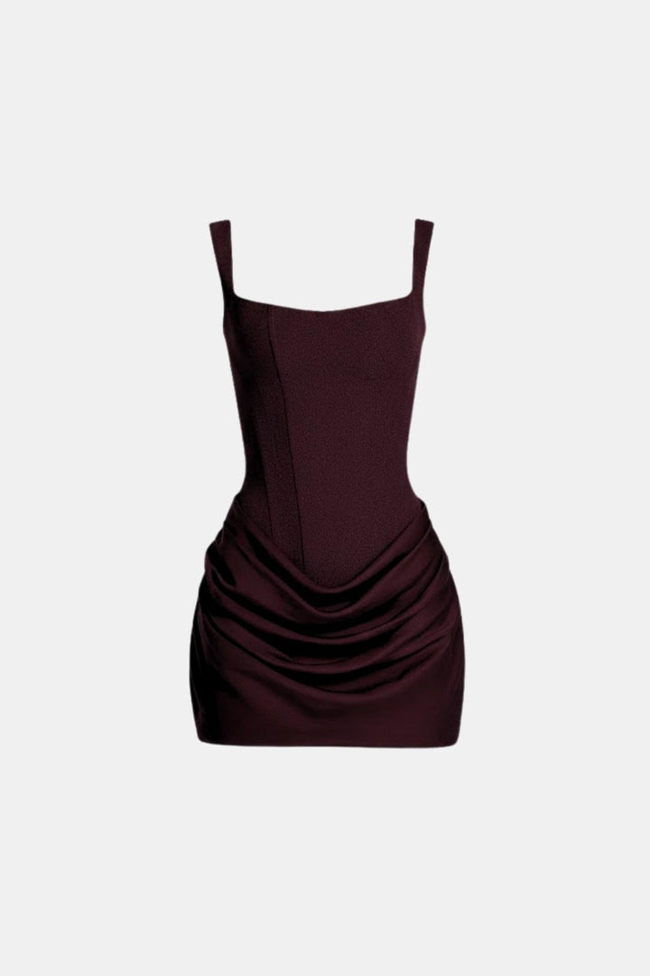 Boned Bodice Mini Dress with Square Neck Cowl Skirt Lace-Up Back 12