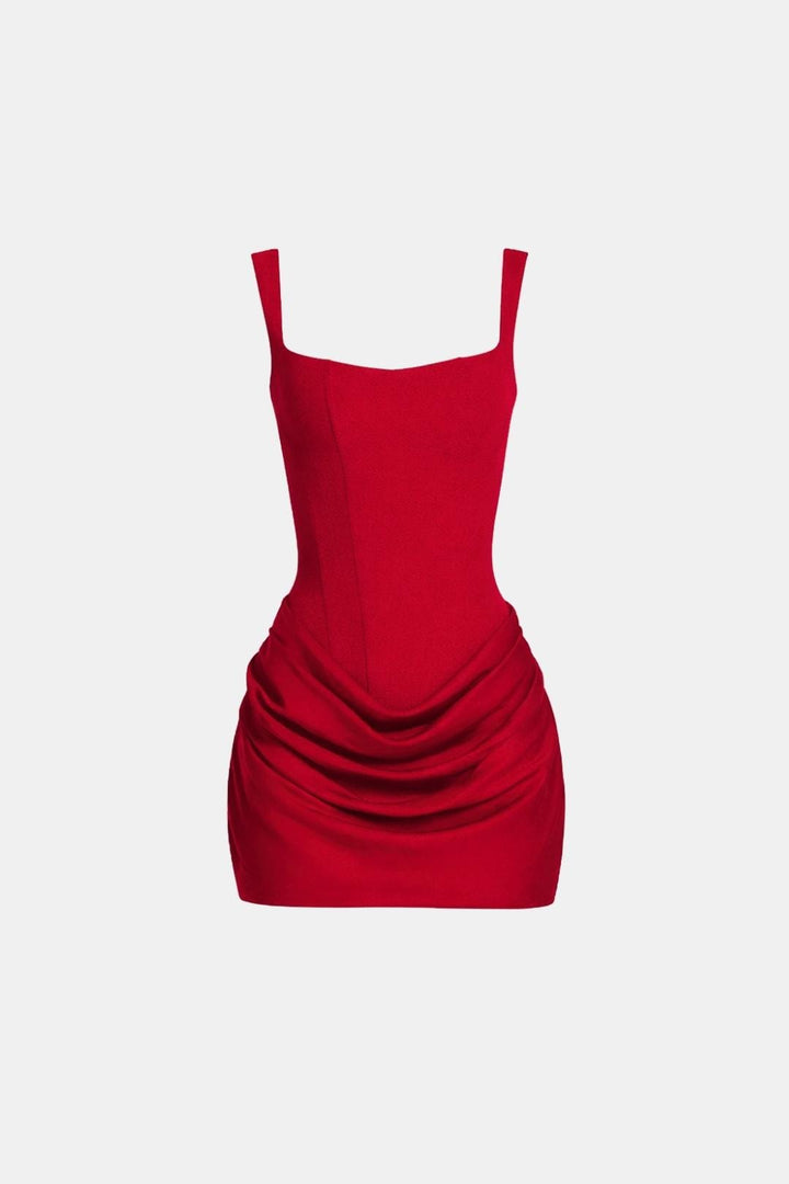 Boned Bodice Mini Dress with Square Neck Cowl Skirt Lace-Up Back 14