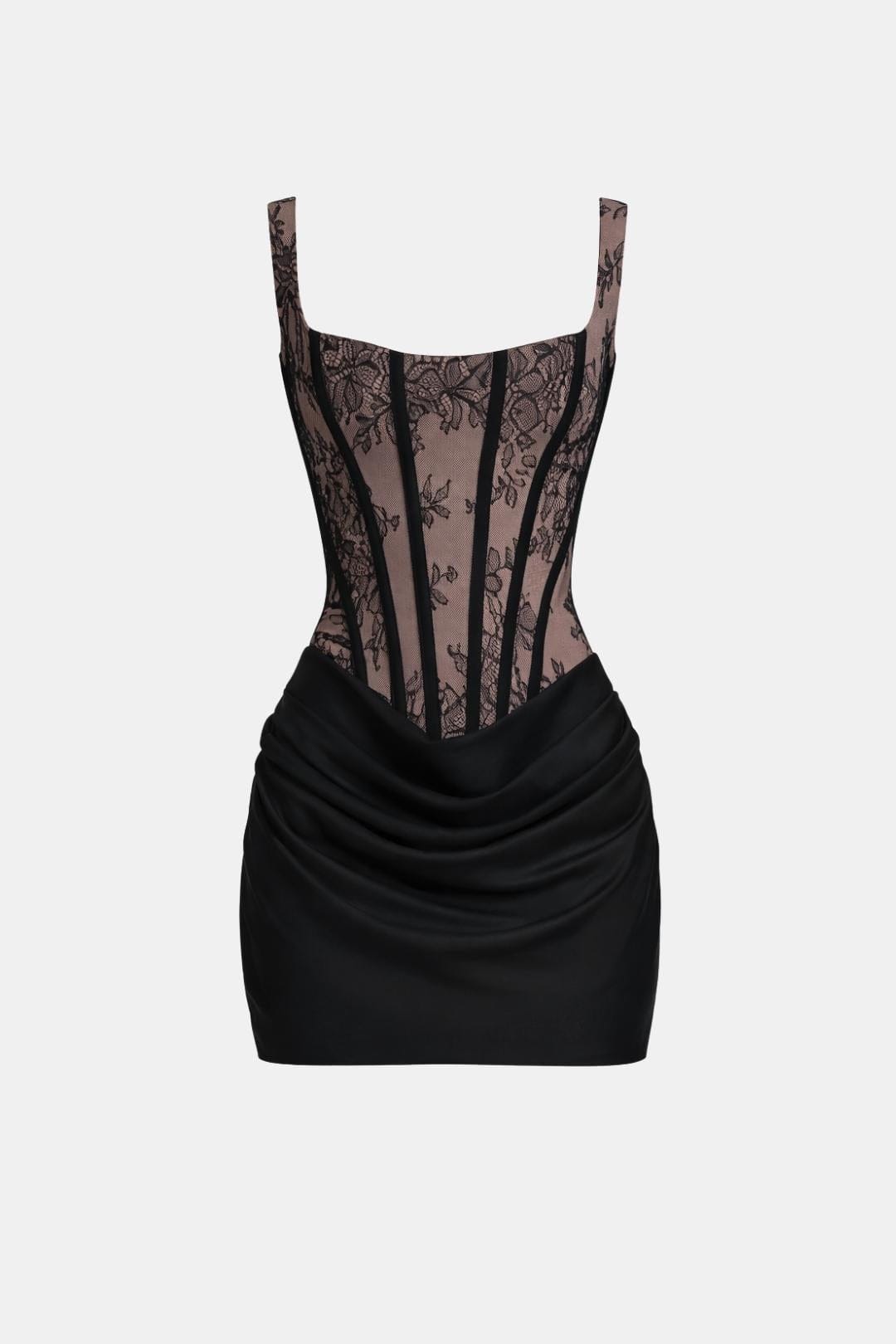 Boned Bodice Mini Dress with Square Neck Cowl Skirt Lace-Up Back 16