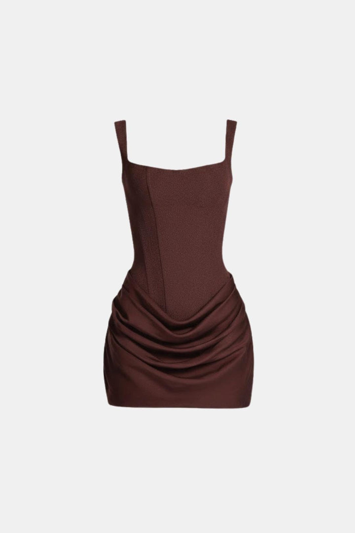 Boned Bodice Mini Dress with Square Neck Cowl Skirt Lace-Up Back 5
