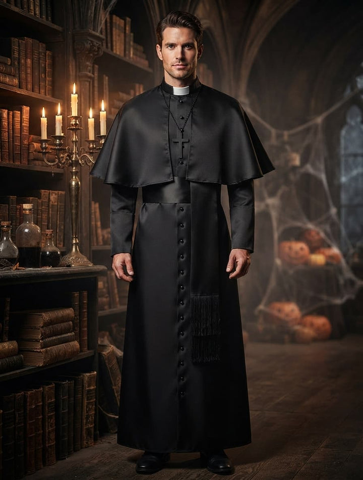 Men's Halloween Priest Costume with Long Robe, Cape and Cross 1