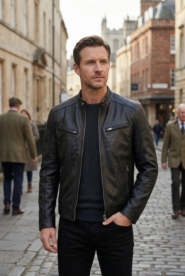 Men's Faux Leather Jacket with Multiple Zip Pockets, Full Zip 4