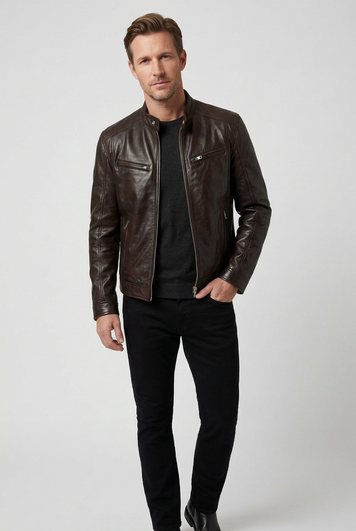Men's Faux Leather Jacket with Multiple Zip Pockets, Full Zip 6