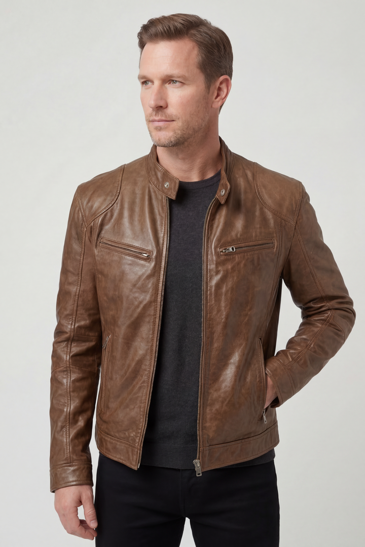 Men's Faux Leather Jacket with Multiple Zip Pockets, Full Zip 5
