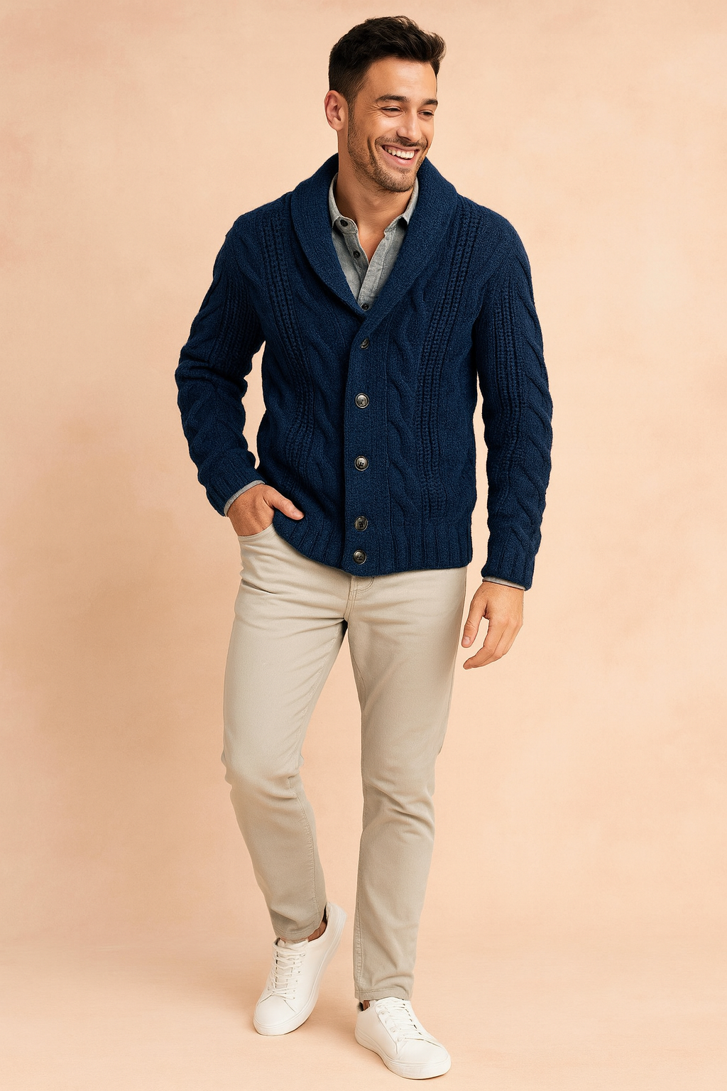 Men's Chunky Cable-Knit Cardigan with Shawl Collar and Button Front 2