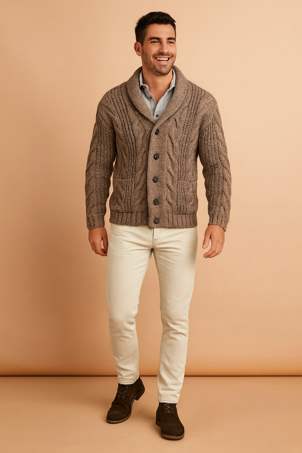 Men's Chunky Cable-Knit Cardigan with Shawl Collar and Button Front 4