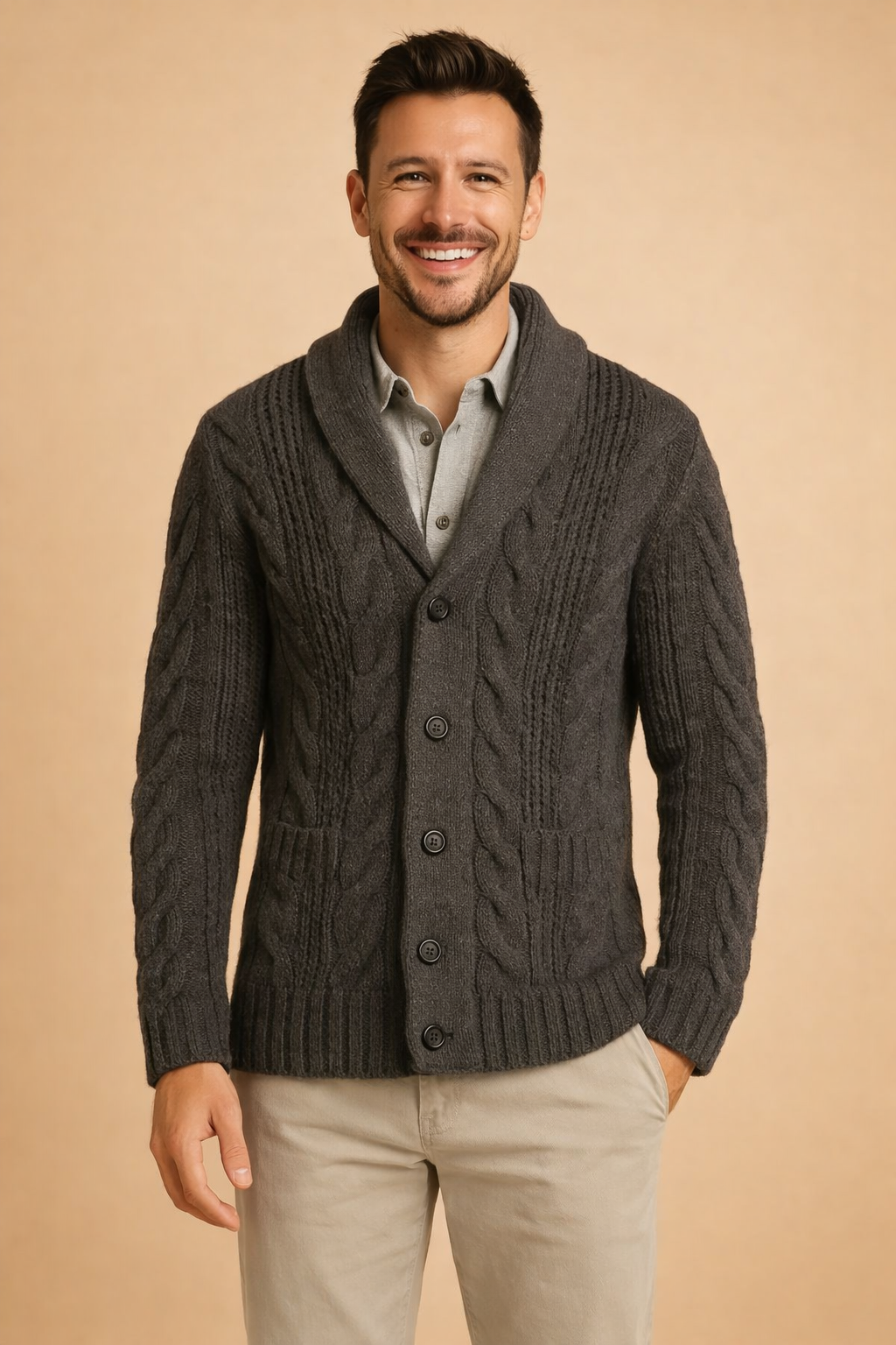 Men's Chunky Cable-Knit Cardigan with Shawl Collar and Button Front 5