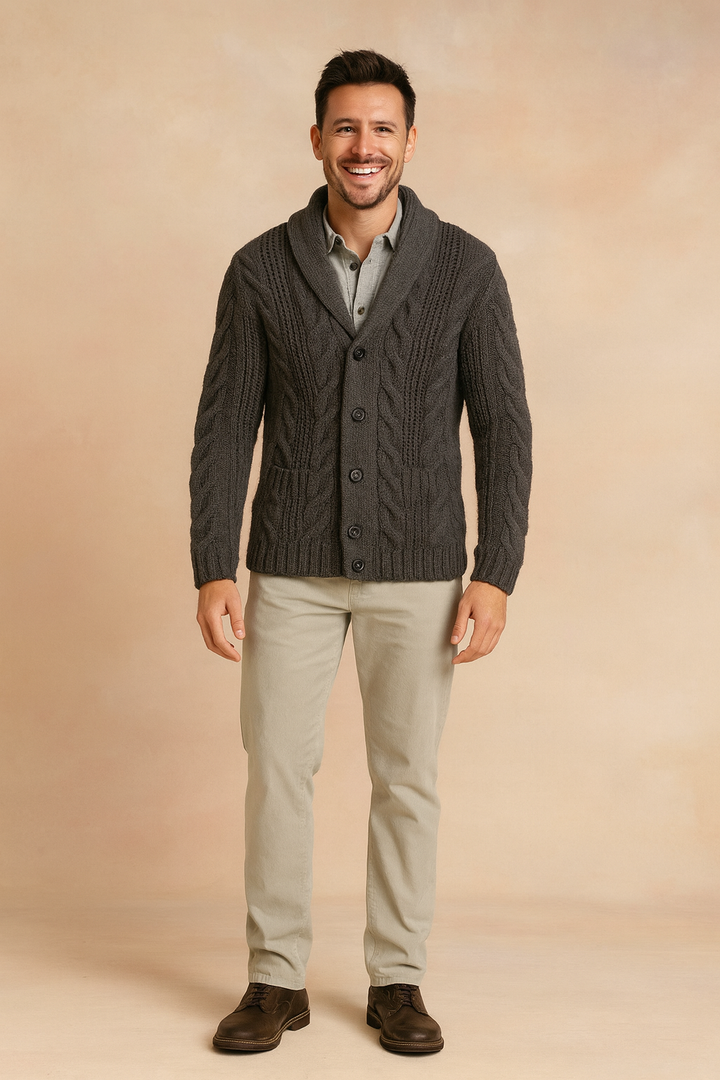 Men's Chunky Cable-Knit Cardigan with Shawl Collar and Button Front 6
