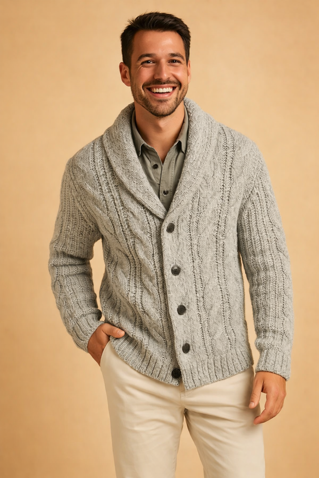 Men's Chunky Cable-Knit Cardigan with Shawl Collar and Button Front 7