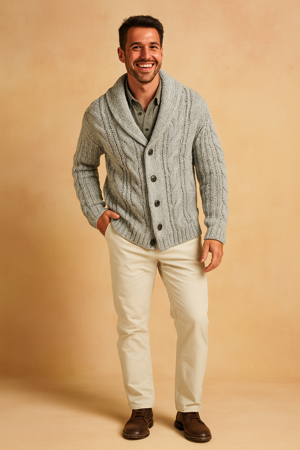 Men's Chunky Cable-Knit Cardigan with Shawl Collar and Button Front 8